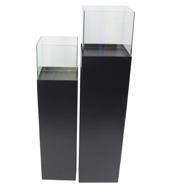 Zwei schwarze Dekosäulen aus Metall mit quadratischem Glasaufsatz in unterschiedlichen Höhen zur Präsentation von Wohnaccessoires.