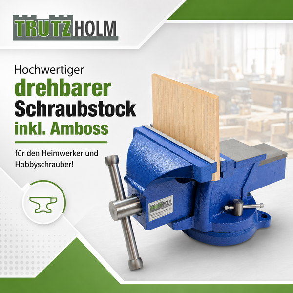 Drehbarer Schraubstock mit Amboss und eingespannter Holzplatte für Heimwerker von Trutz Holm Logo.