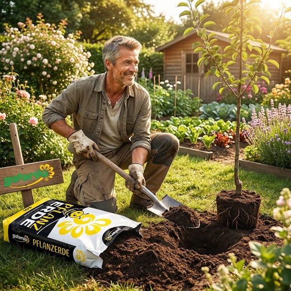 Ein Mann pflanzt einen Baum im hellen Garten mit einer Schaufel und Galanio Pflanzerde. Im Hintergrund befinden sich Blumenbeete und ein Gartenhaus.