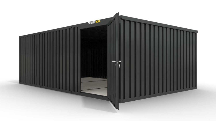 Lagercontainer Gerätehaus L3  – 25 qm, H2150 x B4050 x T6520 mm, Außenwandlackierung anthrazit, Dach außen verzinkt, mit Holzfußboden, 1270 mm Einflügeltür mittig in Modul D, montiert