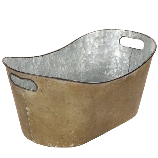 Ovaler Metall-Pflanzkorb mit Griffen, innen verzinkt und außen goldfarben.
