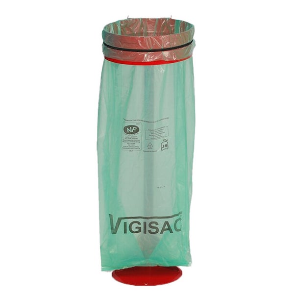 Müllsackhalter Vigisac mit transparentem grünem Kunststoffsack und rotem Standfuß.