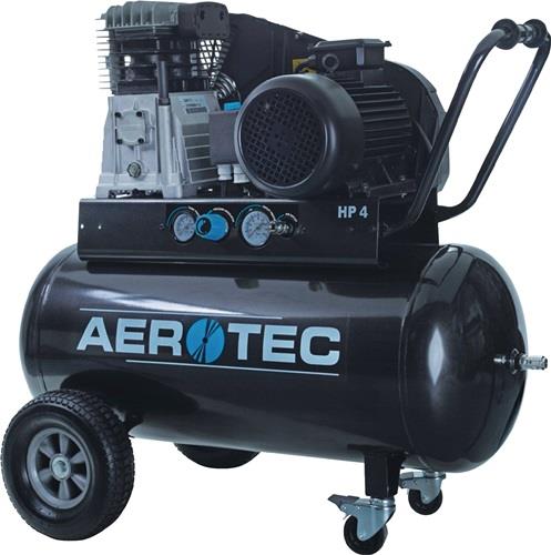 Fahrbarer Aerotec Kolbenkompressor HP 4 mit schwarzem Druckluftbehälter, Manometer und Transporträdern.