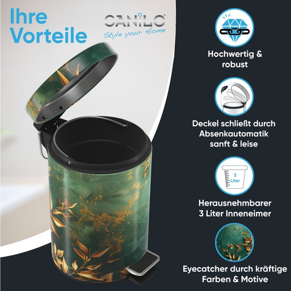 Treteimer mit Blattmotiv, circa 3 Liter Fassungsvermögen