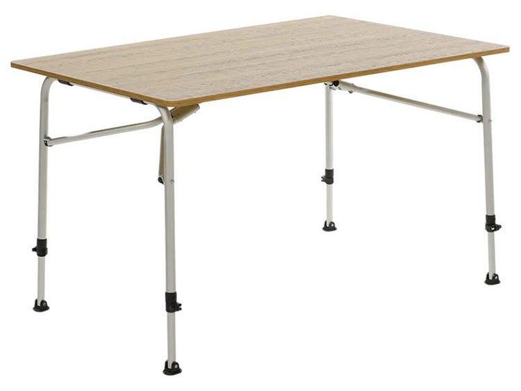 Klappbarer Campingtisch mit Holzdekor-Platte und höhenverstellbaren Metallbeinen.