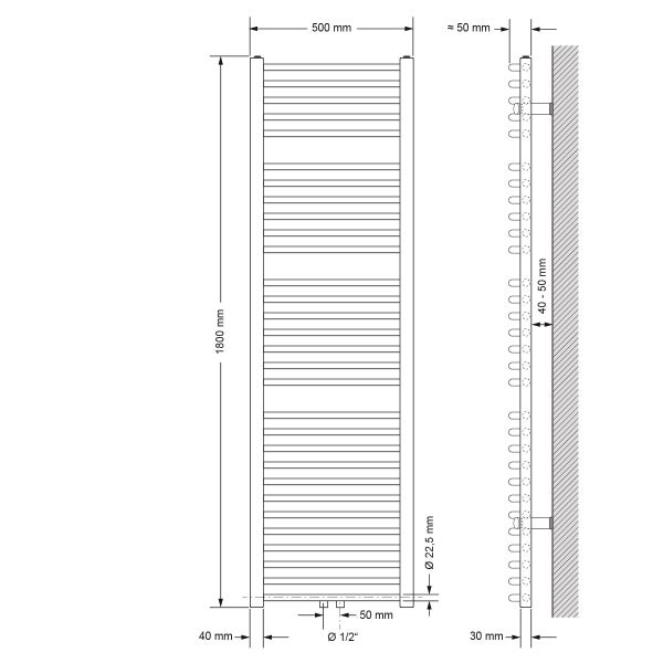 ECD Germany Badheizkörper Mittelanschluss 500 x 1800 mm Weiß gebogen mit Thermostat und Anschlussgarnitur Durchgang Boden Weiß - Heizkörper Heizung Handtuchwärmer Handtuchtrockner Handtuchheizkörper