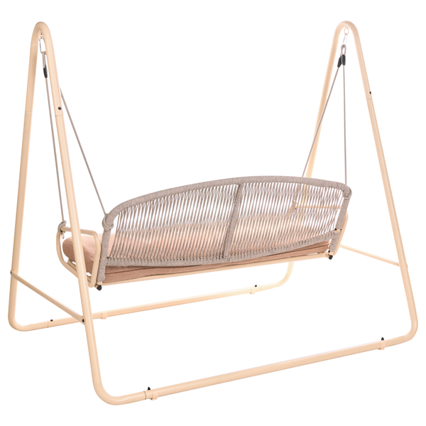 Beige Gartenschaukel mit Metallgestell, Rückenlehne und Sitzfläche aus Seilgeflecht sowie Sitzkissen.
