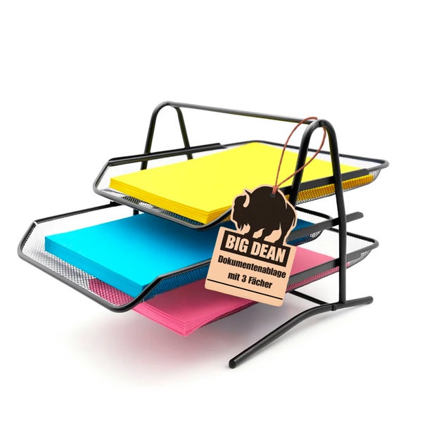 Schreibtischablage aus Metall mit drei Fächern und farbigem Papier