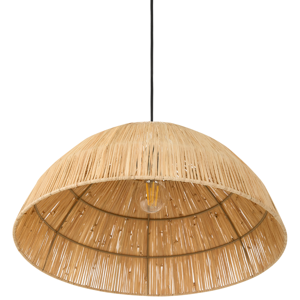 Pendelleuchte aus Naturgeflecht in Kuppelform mit sichtbarem Leuchtmittel und schwarzem Kabel.