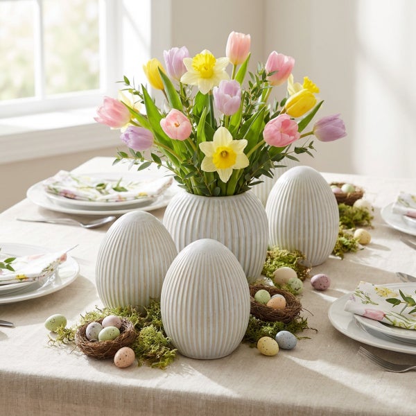 Osterdekoration mit gerippten Vasen und Eiern aus Keramik sowie einem Blumenstrauß aus Tulpen und Narzissen auf einem gedeckten Tisch.