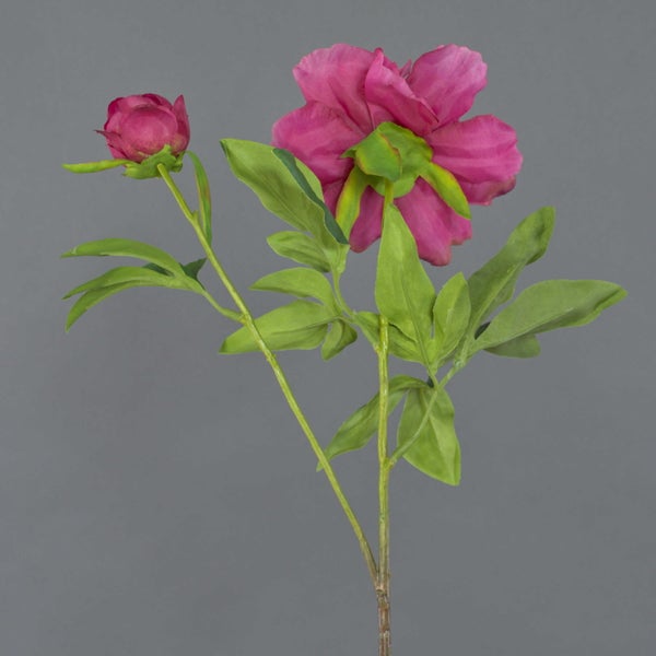 Künstliche Pfingstrose in Pink mit einer offenen Blüte, einer Knospe und grünen Blättern am Stiel.