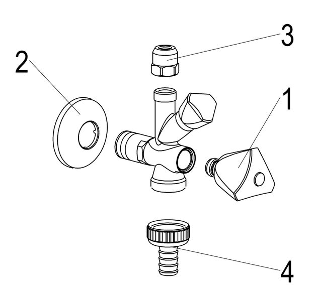 Technische Zeichnung eines Kombi-Eckventils mit nummerierten Einzelteilen: Griff, Rosette, Überwurfmutter und Schlauchanschluss.
