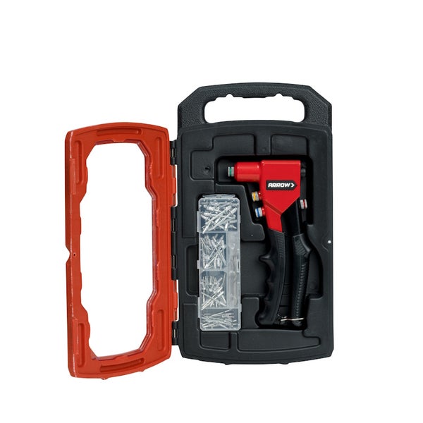 Blindnietzangen Set im schwarzen Koffer mit rotem Deckel, inklusive einer roten Arrow Nietzange und verschiedenen Blindnieten.