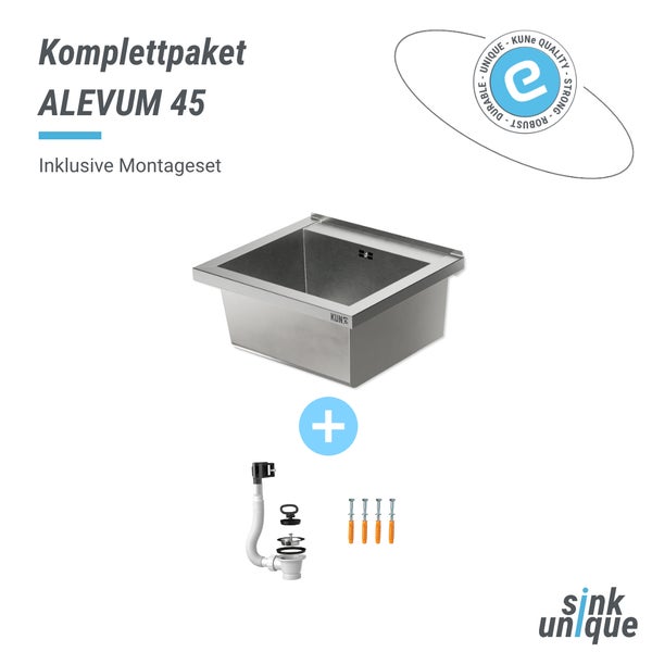 Edelstahlspüle ALEVUM 45 von KUNe im Komplettpaket mit Montageset, Siphon und Schrauben. Qualitätssiegel für Robustheit. sink unique Logo.