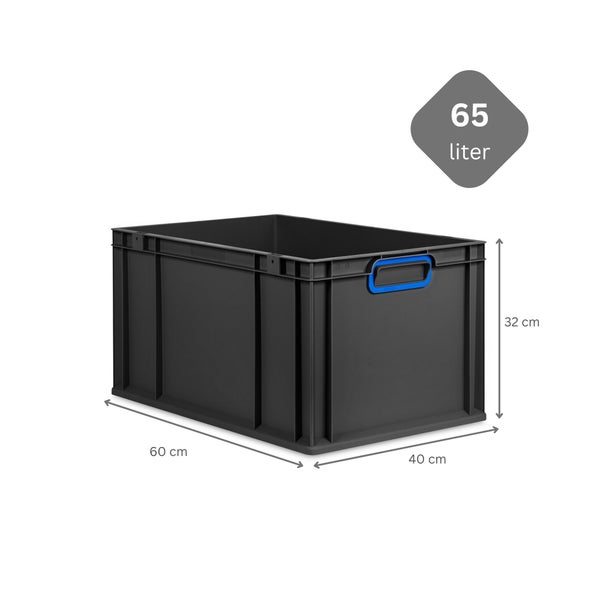 Eurobox NextGen Color, HxBxT 32x40x60cm, 65 Liter, Griffe blau geschlossen, Verstärkter Boden, Schwarz, Eurobehälter, Transportbox, Transportbehälter, Stapelbehälter
