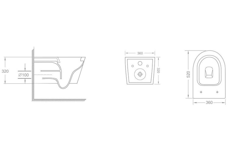 Technische Zeichnung einer Hänge-Toilette mit Maßangaben.