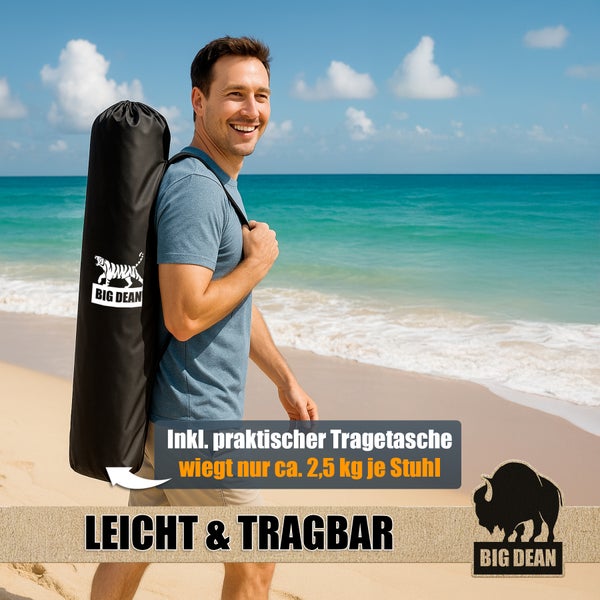 Mann mit leichter Strandstuhl-Tragetasche der Marke Big Dean