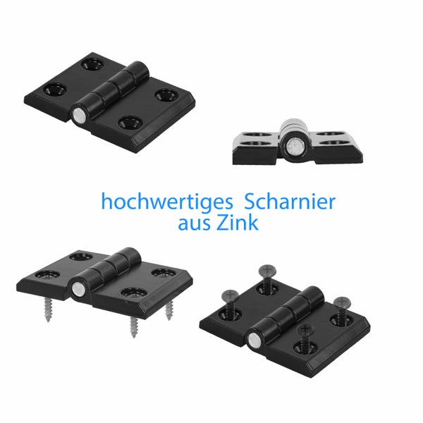 Ein hochwertiges Scharnier aus Zink in verschiedenen Ansichten mit zugehörigen Schrauben zur Montage.