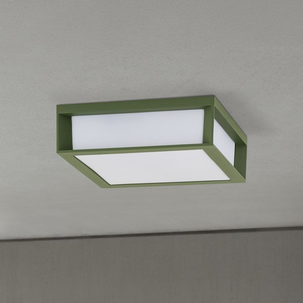 Quadratische Deckenleuchte mit grünem Rahmen und weißem Diffusor.