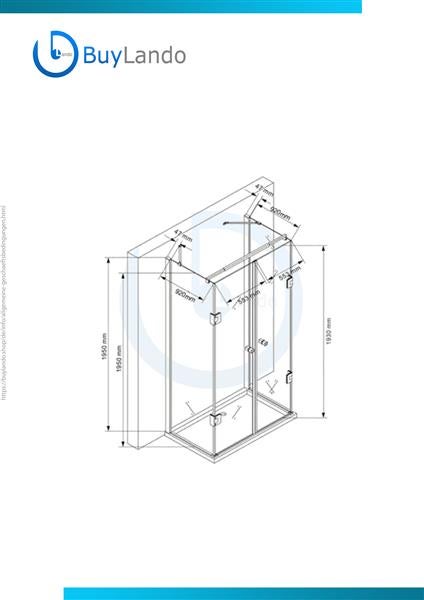 Technische Zeichnung einer Duschkabine mit Maßangaben