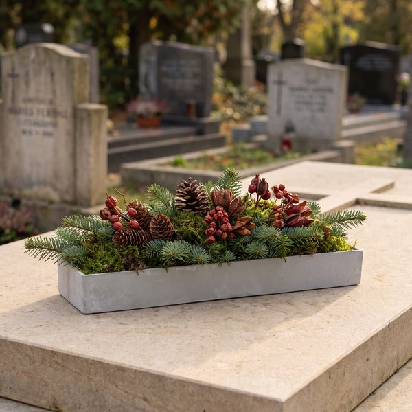 Grabschmuck in länglicher Pflanzschale mit Tannenreisig, Kiefernzapfen und Beeren, arrangiert auf einem Grabstein auf dem Friedhof.