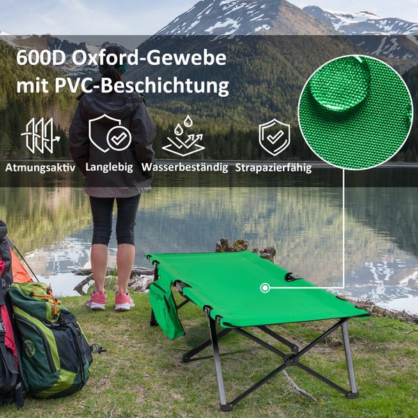 Outsunny Campingbett Feldbett Klappbett klappbar mit Seitentasche Getränkehalter bis 136 kg belastbar Stahl Oxford Grün+Schwarz 190 x 65 x 40 cm