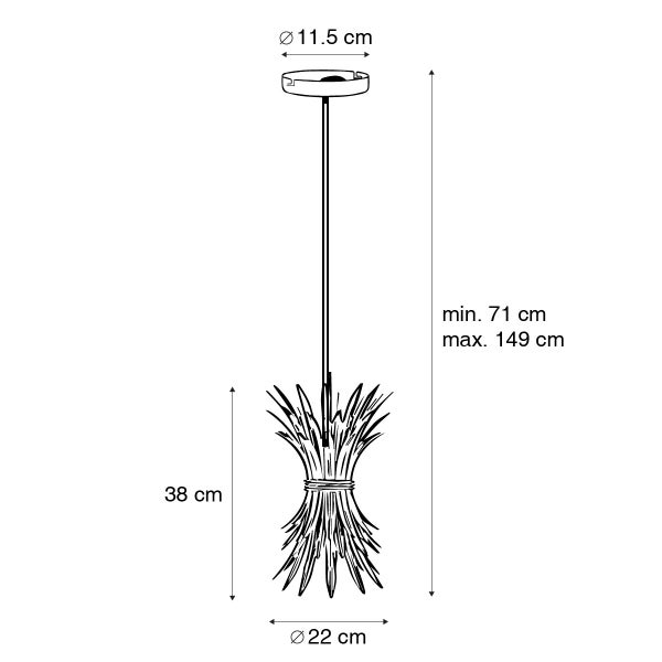 Technische Zeichnung einer Pendelleuchte mit den Maßen Durchmesser 11,5 cm, minimal 71 cm bis maximal 149 cm Höhe, 38 cm Lampenschirm Höhe und Durchmesser 22 cm
