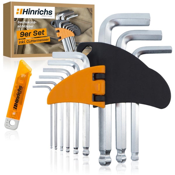 Hinrichs Sechskantschlüssel Set 9 teilig mit Kugelkopf und Universalmesser