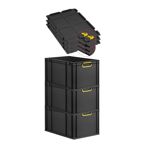 PROREGAL SuperSparSet 3x Eurobox NextGen Color mit Scharnierdeckel und Schiebeschnappverschlüssen, HxBxT 32x40x60cm, 65 Liter, Schwarz, Griffe gelb geschlossen, Verstärkter Boden, Eurobehälter, Transportbox, Transportbehälter, Stapelbehälter