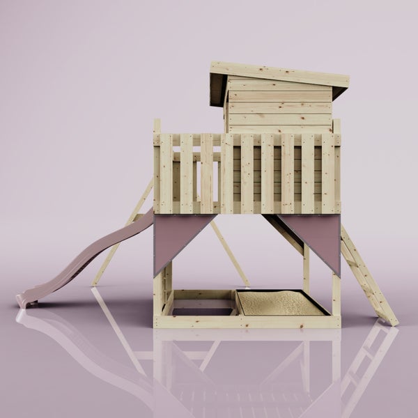 Spielhaus aus Holz mit Podesthaus, Rutsche, Leiter und integriertem Sandkasten.