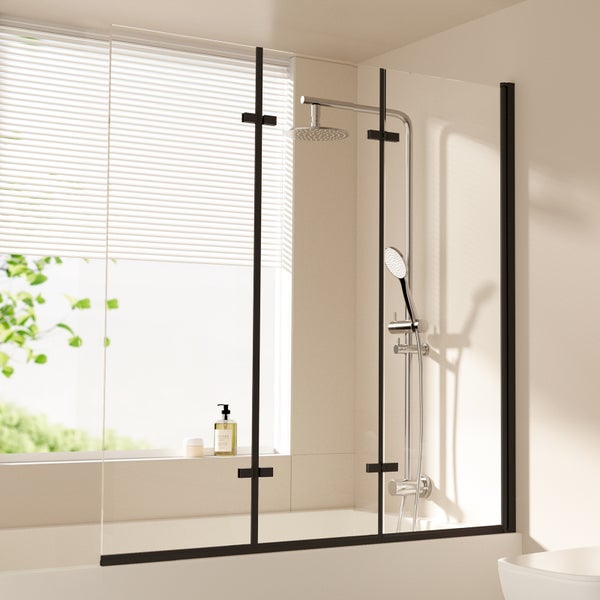 EMKE Duschabtrennung 120 x 140cm Mattschwarzer Rahmen Badewanne Faltwand Nanobeschichtungen ESG Sicherheitsglas Duschwand Glas für Badewannen