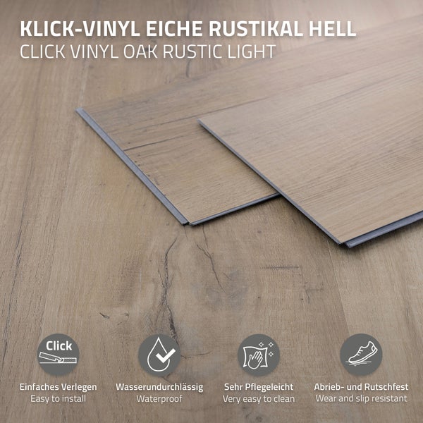 Klick Vinyl Bodenbelag in Eiche rustikal hell Optik, wasserfest, pflegeleicht sowie verschleiß- und rutschfest.