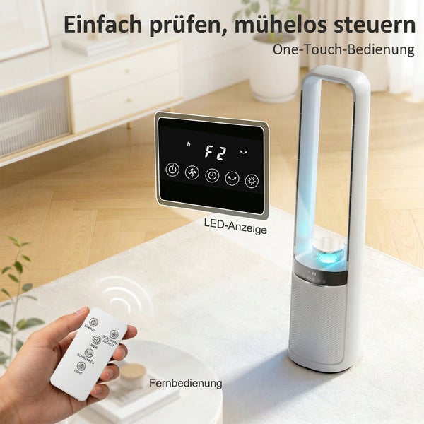 Turmventilator mit Fernbedienung und LED-Anzeige im Wohnzimmer. Modernes flügelloses Design für Luftzirkulation und Kühlung.