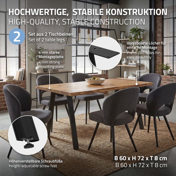 Set aus zwei stabilen Tischbeinen mit Montageplatte und höhenverstellbaren Schraubfüßen für Esstische im Esszimmer.