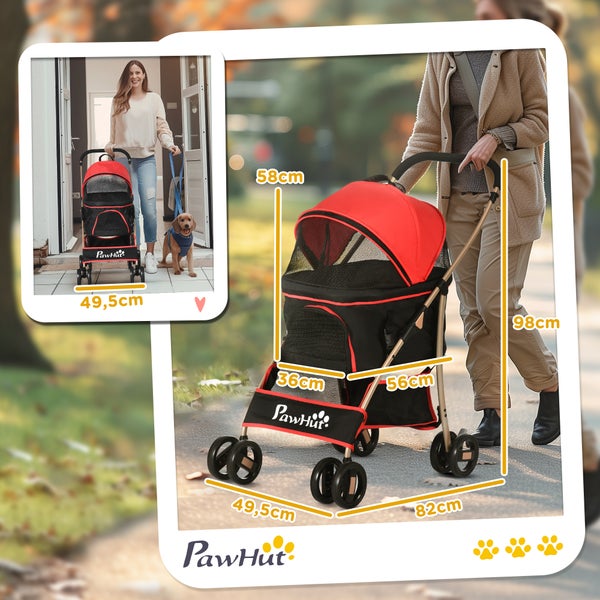 PawHut Hundewagen, 2 in 1 Hundetrolley, Tragetasche, faltbarer Hundebuggy mit Kissen, Katzenwagen für kleine Hunde, Katzen, Katzenbuggy mit  4 Rädern, Netzfenster, Oxfordstoff, Rot
