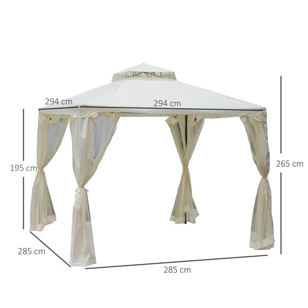 Outsunny Pavillon, Gartenpavillon, 2,94 x 2,94 x 2,65 m, Metall + Polyester, Cremeweiß