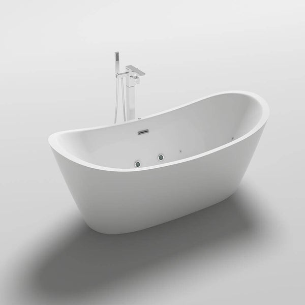 Freistehende Whirlpool Badewanne in ovalem Design mit Standarmatur und integrierten Massagedüsen für ein komfortables Badeerlebnis.