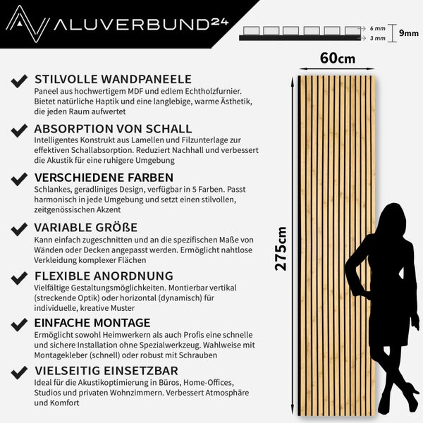 Wandpaneel aus MDF mit Echtholzfurnier zur Schallabsorption, Maße 275 mal 60 mal 0,9 Zentimeter, inklusive Montagehinweisen und Produktvorteilen.