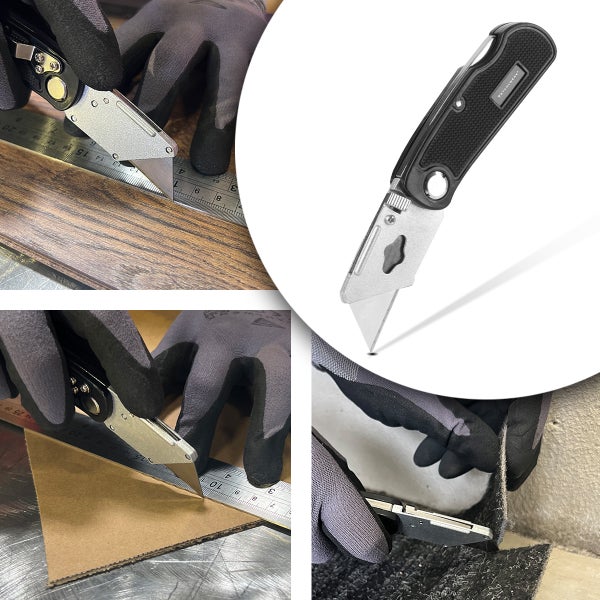 Klappbares Cuttermesser von Stahlwerk beim präzisen Schneiden von Laminat, Karton und Teppichboden mit einer Trapezklinge.