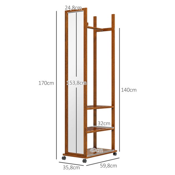 HOMCOM Standspiegel mit Rollen, Garderobenspiegel mit Ständer, Ganzkörperspiegel mit 3 Ebenen, 24,8 x 153,8 cm Garderobe, Kleiderstange, für Schlafzimmer und Wohnzimmer, Walnuss