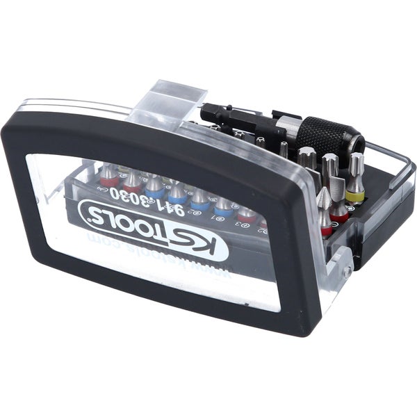 KS Tools Logo. Bit-Set mit verschiedenen Schraubendreher-Bits und Bithalter in transparenter Aufbewahrungsbox.