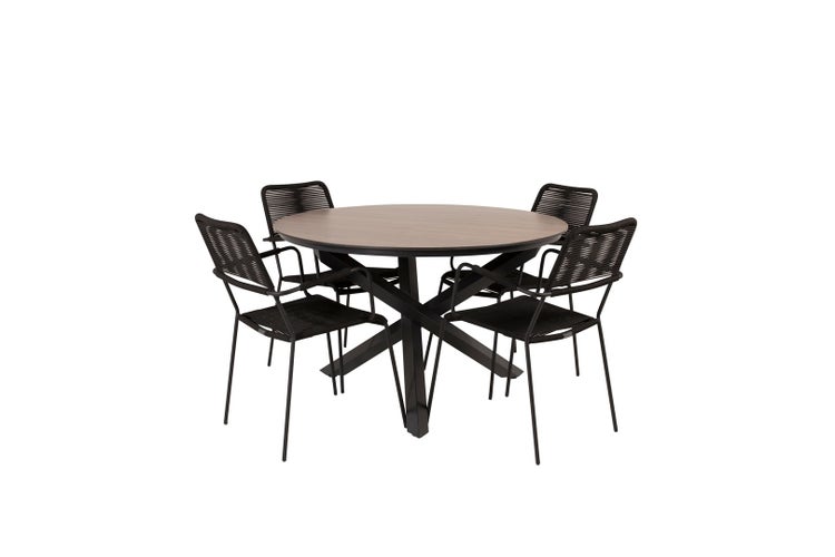 Llama Gartenset Tisch Ø120cm und 4 Stühle ArmlehneS Lindos schwarz, braun. 120 X 120 X 75 cm