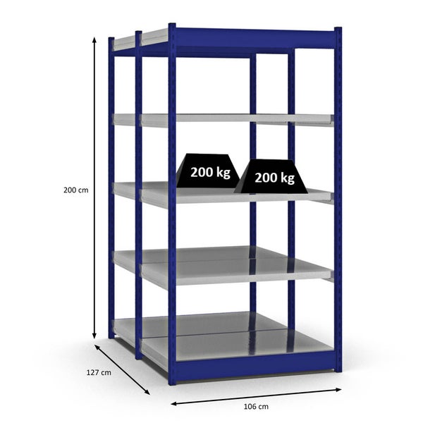 PROREGAL Fachbodenregal Stecksystem Vierkant-Profil Grundregal HxBxT 200 x 102,5 x 60 cm 2x5 Ebenen Doppelseitige Bauart Fachlast 200 kg Enzianblau