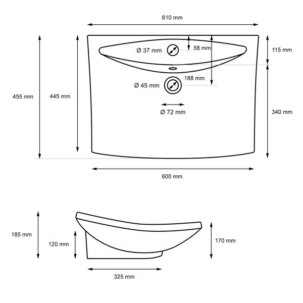 ML-Design Waschbecken aus Keramik in Schwarz Matt, 61x45,5x18,5 cm, Aufsatzwaschbecken mit Überlauf und Hahnloch, Moderne Waschtisch, Waschschale Waschplatz Handwaschbecken, für Badezimmer/Gäste-WC