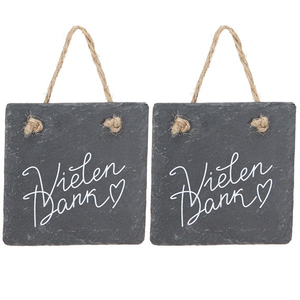 Zwei Tafeln aus Schiefer mit der Aufschrift Vielen Dank und einer Aufhängung aus Kordel