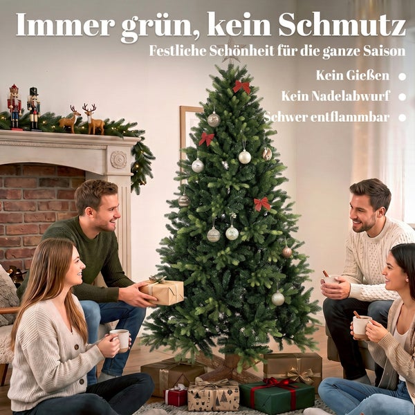 Drei Kinder öffnen Weihnachtsgeschenke vor einem geschmückten künstlichen Weihnachtsbaum in einem weihnachtlich dekorierten Wohnzimmer mit Kamin.
