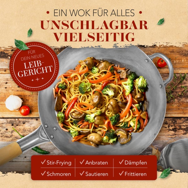 KRUSTENZAUBER 30cm Wokpfanne runder Boden - Traditionelle Stahlwokpfanne mit Wokwender u. Wokring - Wok Pfanne, Wok Induktion, Woklette, Wok Zubehör, Carbon Steel Wok Karbonstahl