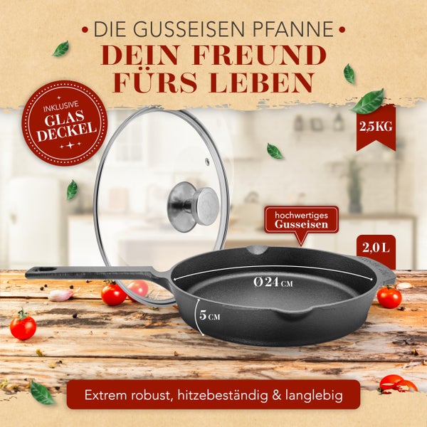KRUSTENZAUBER 24cm Gusseisenpfanne Induktion - Voreingebrannte Gusseisen Pfanne - Ideale Grillpfanne Induktion, Eisenpfanne, Cast Iron Pan, Bratpfanne, Gusseiserne Pfanne Skillet Gusspfanne