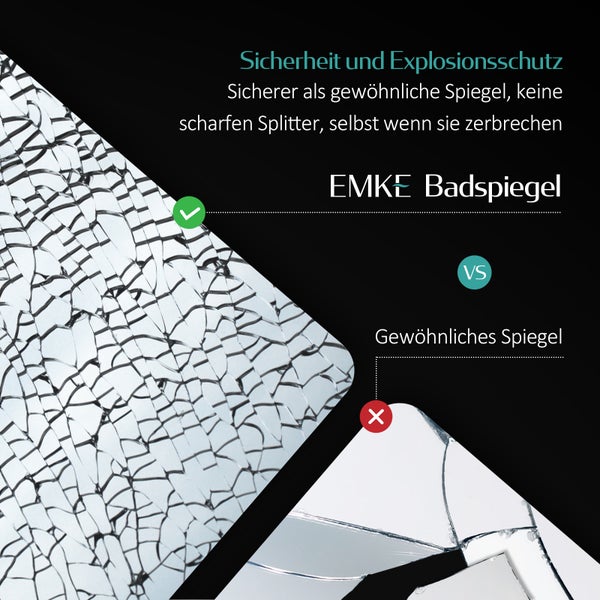 EMKE Badspiegel mit Beleuchtung 80 x 60 cm, Kaltweiß, Rückbeleuchtung, dimmbare Helligkeit, Touch-Schalter, horizontal/vertikal montierbar, IP44, für Bad