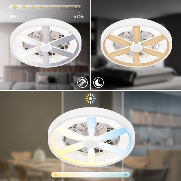 Deckenventilator mit LED-Leuchte, dimmbar von 100 bis circa 10 Prozent, mit Nachtlichtfunktion und einstellbarer Farbtemperatur von warm bis kalt.